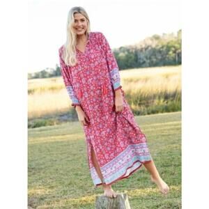 Natural Life Red Floral Long Sleeve Zip Front Dress Size M Boho Lightweight